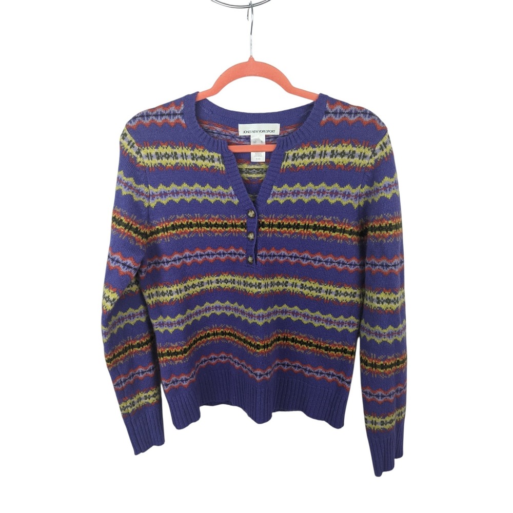 Jones New York Purple Fair Isle Knit Sweater V Neck Lambswool Geometric sz M